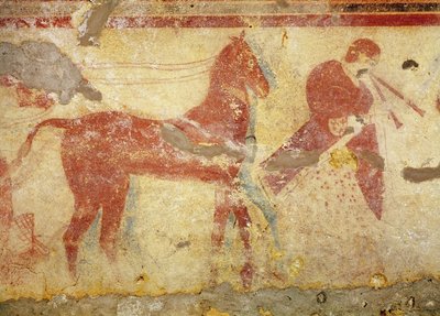 Zwei Pferde und ein Musiker, aus dem Grab der Giustiniani, Mitte 5. Jahrhundert v. Chr. von Etruscan